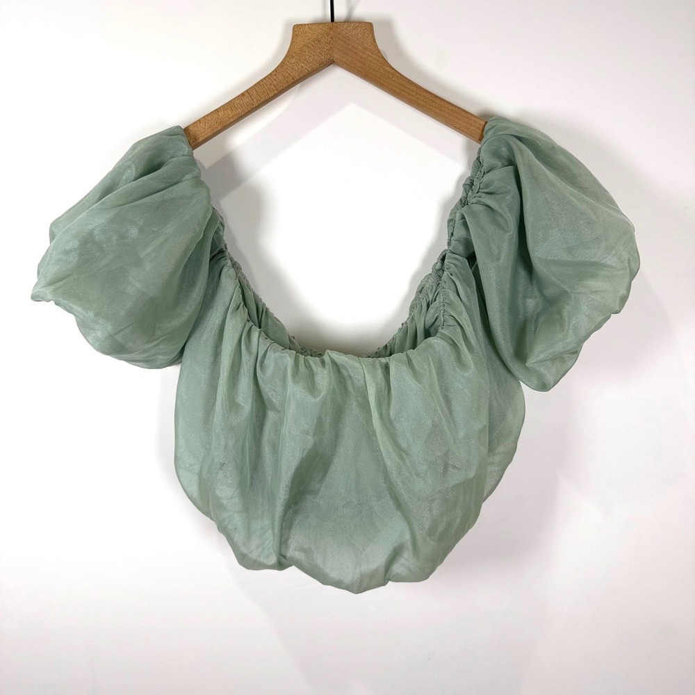 Puff Sleeve Crop Top Womens S Sage Green Off Shoulder Fairycore Cottagecore boho - Picture 1 of 2